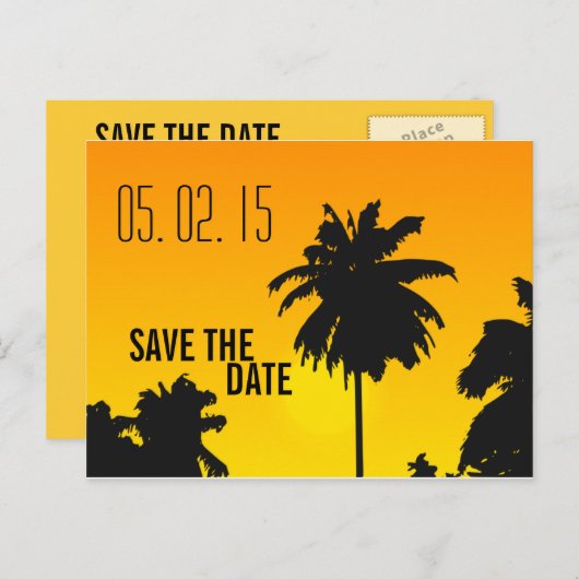 Retro Beach Wedding rettet die Termine Ankündigungspostkarte (Vorne/Hinten)