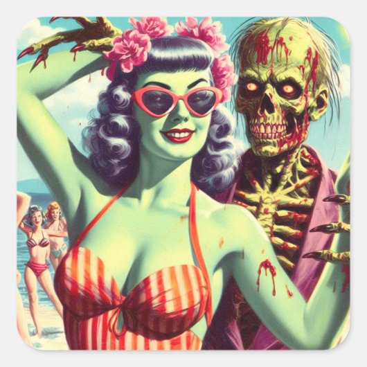 Retro Beach Zombie Button-Up Quadratischer Aufkleber (Vorderseite)
