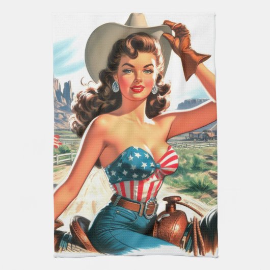 Retro Beautiful Cowgirl Button Up Geschirrtuch (Vertikal)