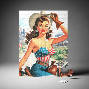 Retro Beautiful Cowgirl Button Up Puzzle