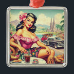 Retro Beauty Hispanic Girl Ornament Aus Metall<br><div class="desc">Retro Beauty Hispanic Girl</div>