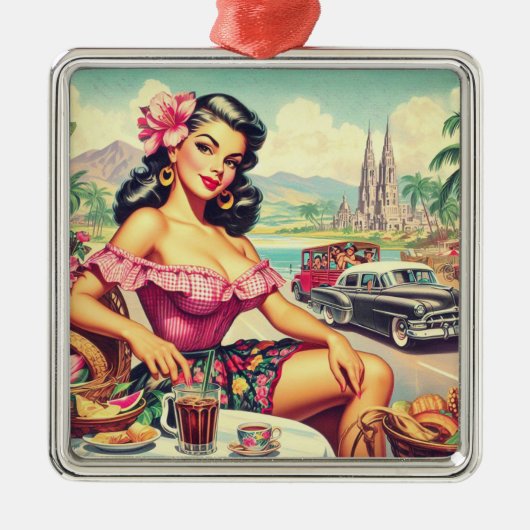 Retro Beauty Hispanic Girl Ornament Aus Metall (Vorne)
