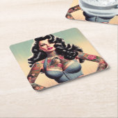 Retro Beauty Tattooot Button hoch Rechteckiger Pappuntersetzer (angewinkelt)