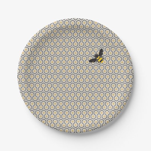 Retro Bee and Honeycomb Grid Pattern Pappteller (Vorderseite)