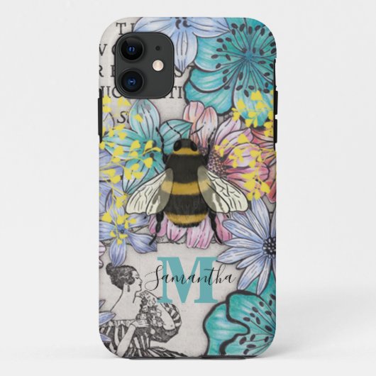 Retro Bee Floral Monogram iPhone Case (Rückseite)