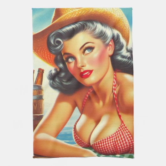 Retro Beer Country Girl Geschirrtuch (Vertikal)