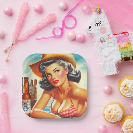 Retro Beer Country Girl Pappteller (Party)