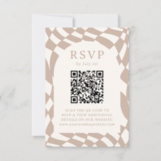 Retro Beige Checkerboard QR Code Hochzeit RSVP Karte (Vorderseite)