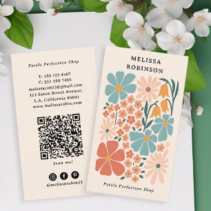 Retro Beige QR-Code Girly Blumenladen Floral Visitenkarte