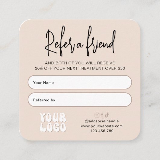 Retro Beige Refer a Friend Modern Logo Lash Salon Empfehlungskarte (Rückseite)
