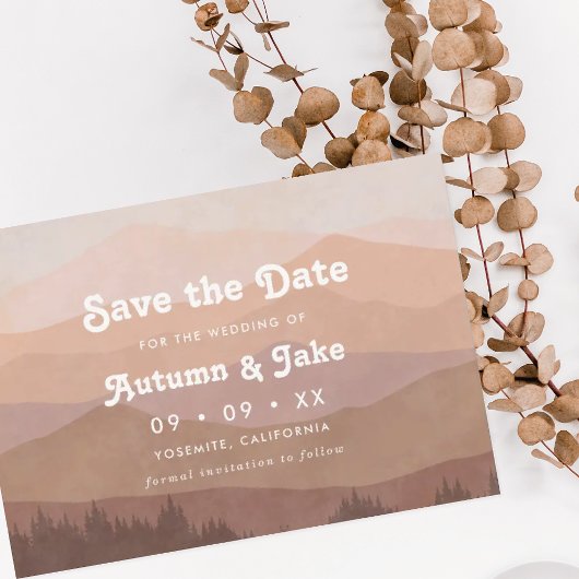Retro Berg und Wald Dusty Pink Ombre Hochzeit Save The Date