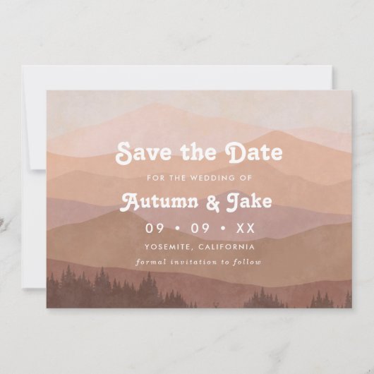 Retro Berg und Wald Dusty Pink Ombre Hochzeit Save The Date (Vorderseite)