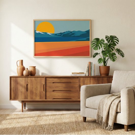 Retro Berglandschaft Illustration Blau Gelb Poster