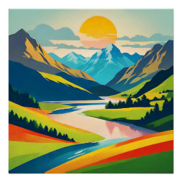 Retro Berglandschaft Illustration farbenfroh Poster