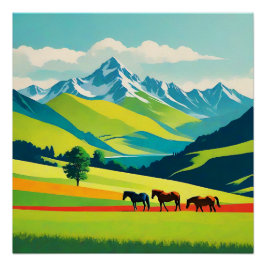 Retro Berglandschaft Illustration farbenfroh Poster