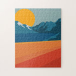 Retro Berglandschaft Illustration Orange Blue Puzzle<br><div class="desc">Dieses stilvolle Rätsel zeigt eine farbenfrohe und kühn gestaltete Darstellung einer Retro-Berglandschaft in Rot,  Orange und Blau.</div>