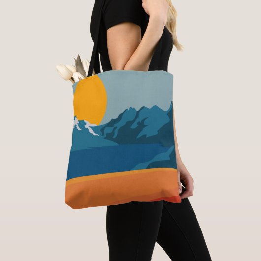 Retro Berglandschaft Illustration Orange Blue Tasche (Von Nahem)