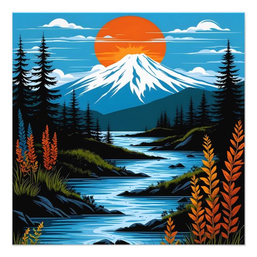 Retro Berglandschaft Illustration Rot Blau Fotodruck (Vorne)