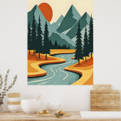Retro Berglandschaft Illustration Rot Blau Poster (Küche)