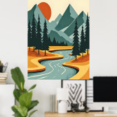 Retro Berglandschaft Illustration Rot Blau Poster (Heimbüro)