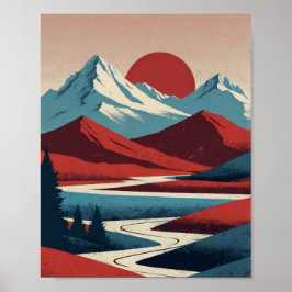 Retro Berglandschaft Illustration Rot Blau Poster