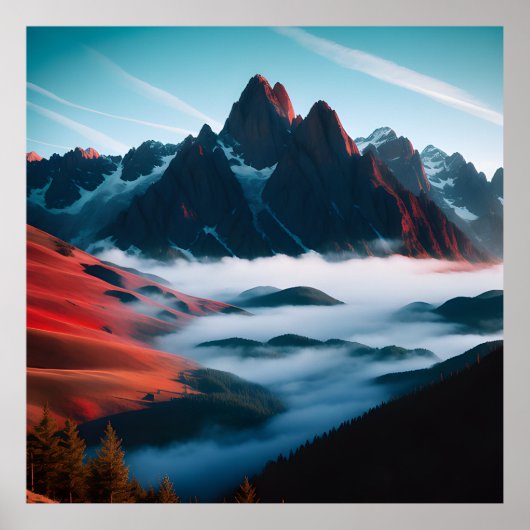 Retro Berglandschaft Illustration Rot Blau Poster (Vorne)