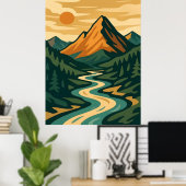 Retro Berglandschaft Illustration Rot Blau Poster (Heimbüro)