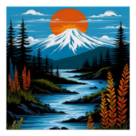 Retro Berglandschaft Illustration Rot Blau Poster