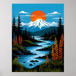 Retro Berglandschaft Illustration Rot Blau Poster