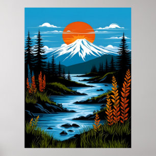 Retro Berglandschaft Illustration Rot Blau Poster