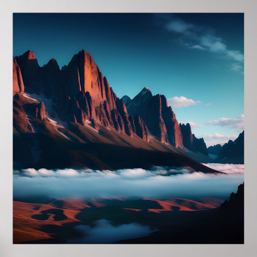 Retro Berglandschaft Illustration Rot Blau Poster (Vorne)