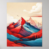 Retro Berglandschaft Illustration Rotes Blau Kunst Poster (Vorne)