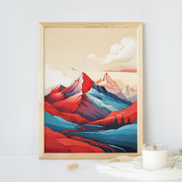 Retro Berglandschaft Illustration Rotes Blau Kunst Poster
