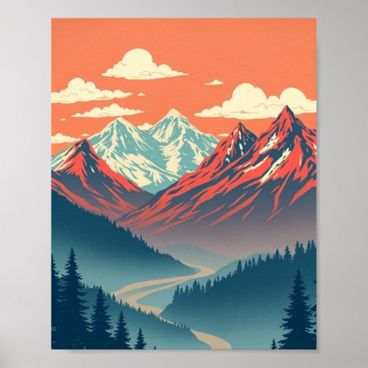 Retro-Berglandschaft Rot-Blau-Poster Poster (Vorne)
