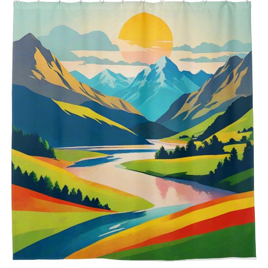 Retro-Bergwelt Duschvorhang (Vorderseite)