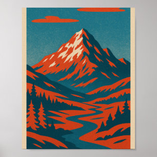 Retro-Bergwelt   Rot und Blau Vintag Po Poster