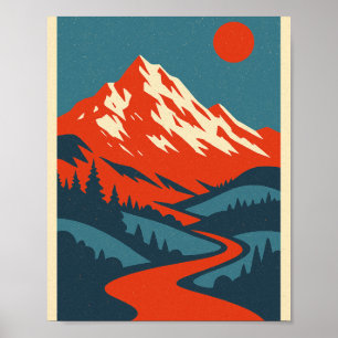 Retro-Bergwelt Rot und Blau Vintag Po Poster