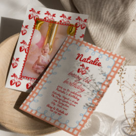 Retro Berry 1. Gezeichnet Strawberry Foto Geburtst Einladung