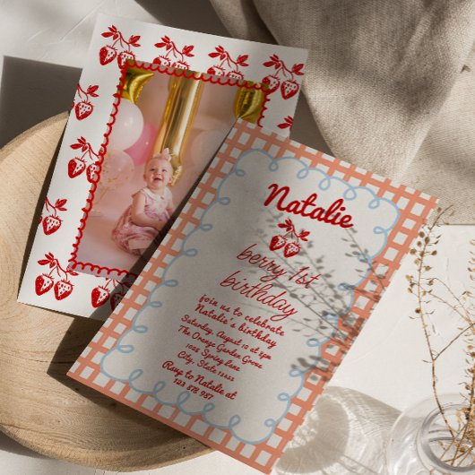 Retro Berry 1. Gezeichnet Strawberry Foto Geburtst Einladung