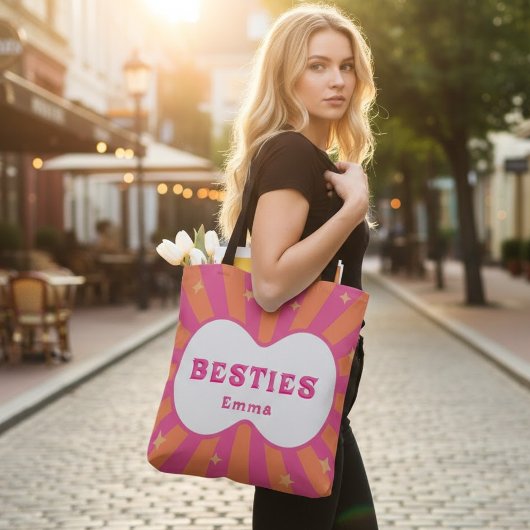 Retro Besties Personalized Pink & Orange Tote Bag Tasche