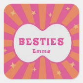 Retro Besties Pink & Orange Sunburst Personalized  Quadratischer Aufkleber (Vorderseite)