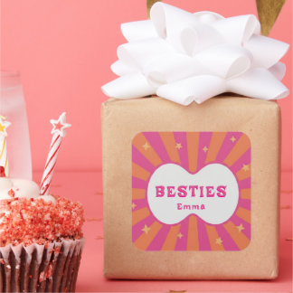 Retro Besties Pink & Orange Sunburst Personalized Quadratischer Aufkleber