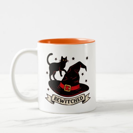 Retro Bewitched Black and Orange Halloween Zweifarbige Tasse (Links)