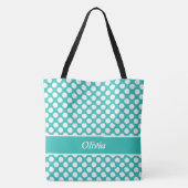 Retro-Bezeichnung Türkis & White Polka Dot Tote Be Tasche (Rückseite)