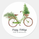Retro Bicycle Weihnachtsbaum und Pinien Urlaub Runder Aufkleber (Vorderseite)