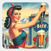 Retro-Bier-Pinup Quadratischer Aufkleber (Vorderseite)