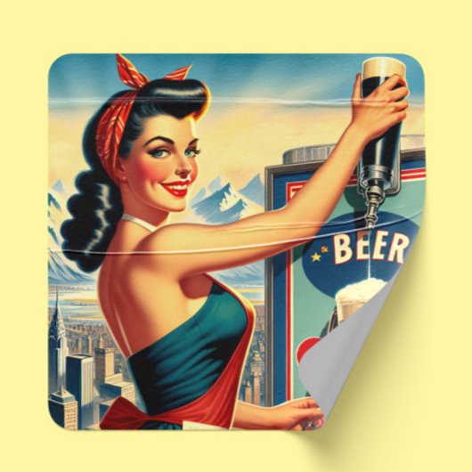 Retro-Bier-Pinup Quadratischer Aufkleber