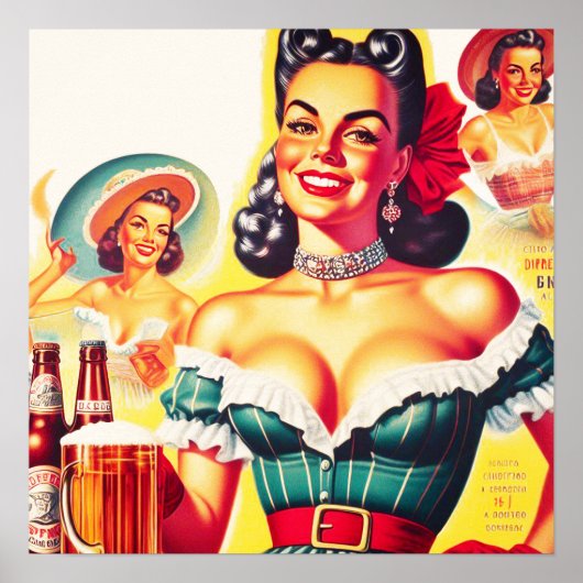 Retro Biermädchen Button-up Poster (Vorne)