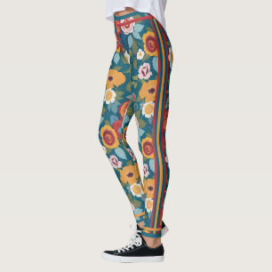 Retro Big Floral Print auf Aquamarin mit Rennstrei Leggings