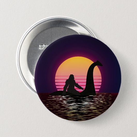 Retro Bigfoot Reiten über den Loch Ness Button (Vorne & Hinten)
